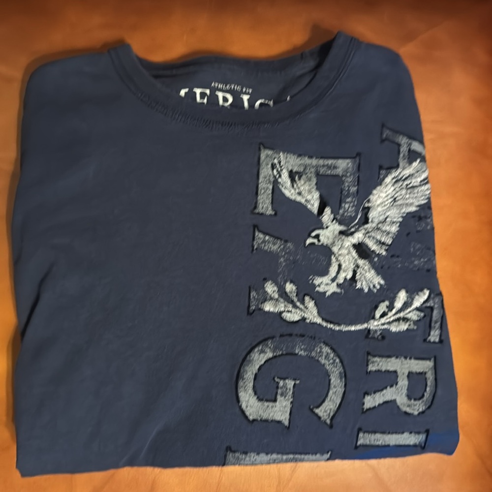 American Eagle Outfitters Men's Dark Blue Graphic Long Sleeve Tee